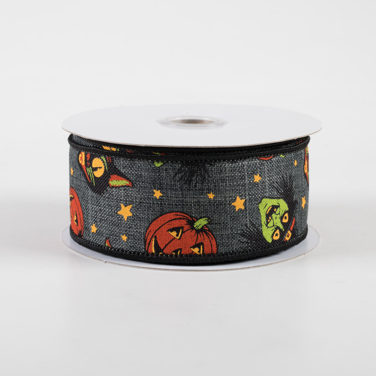 1.5" Vintage Cat, Witch, Jack-O-Lantern Ribbon: Charcoal (10 Yards)