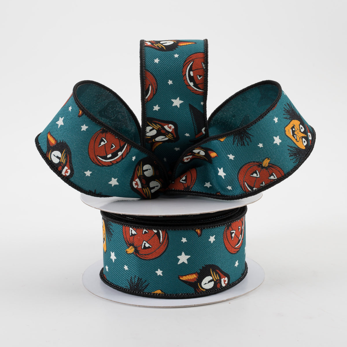 1.5" Vintage Cat, Witch, Jack-O-Lantern Ribbon: Dark Teal (10 Yards) Lifestyle Photo