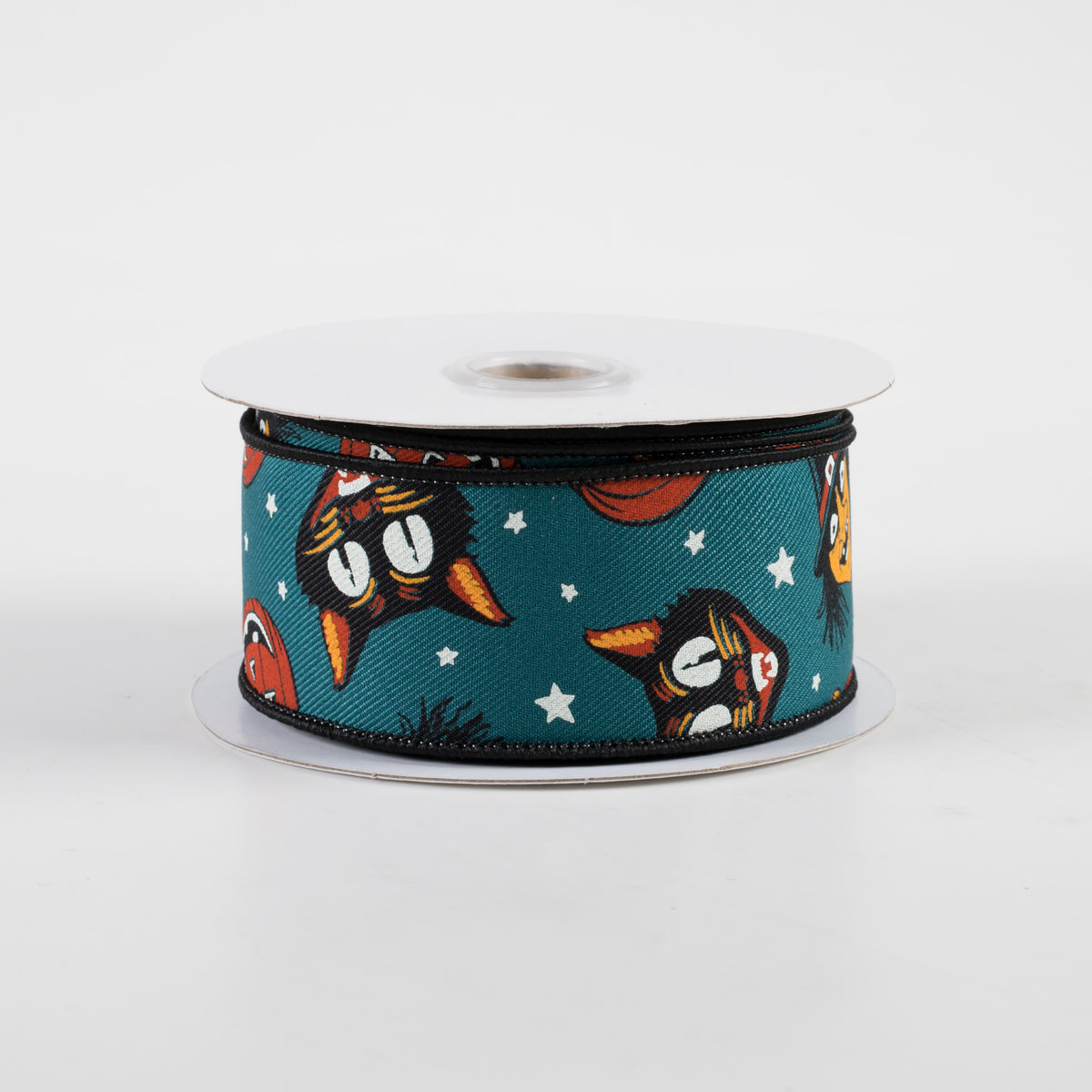 1.5" Vintage Cat, Witch, Jack-O-Lantern Ribbon: Dark Teal (10 Yards)