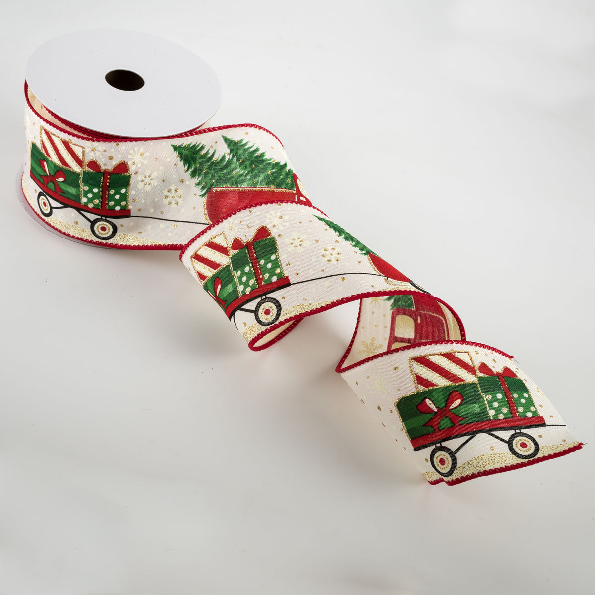 2.5" Vintage Truck Pulling Gift Wagon Ribbon: Cream (10 Yards) Lifestyle Photo