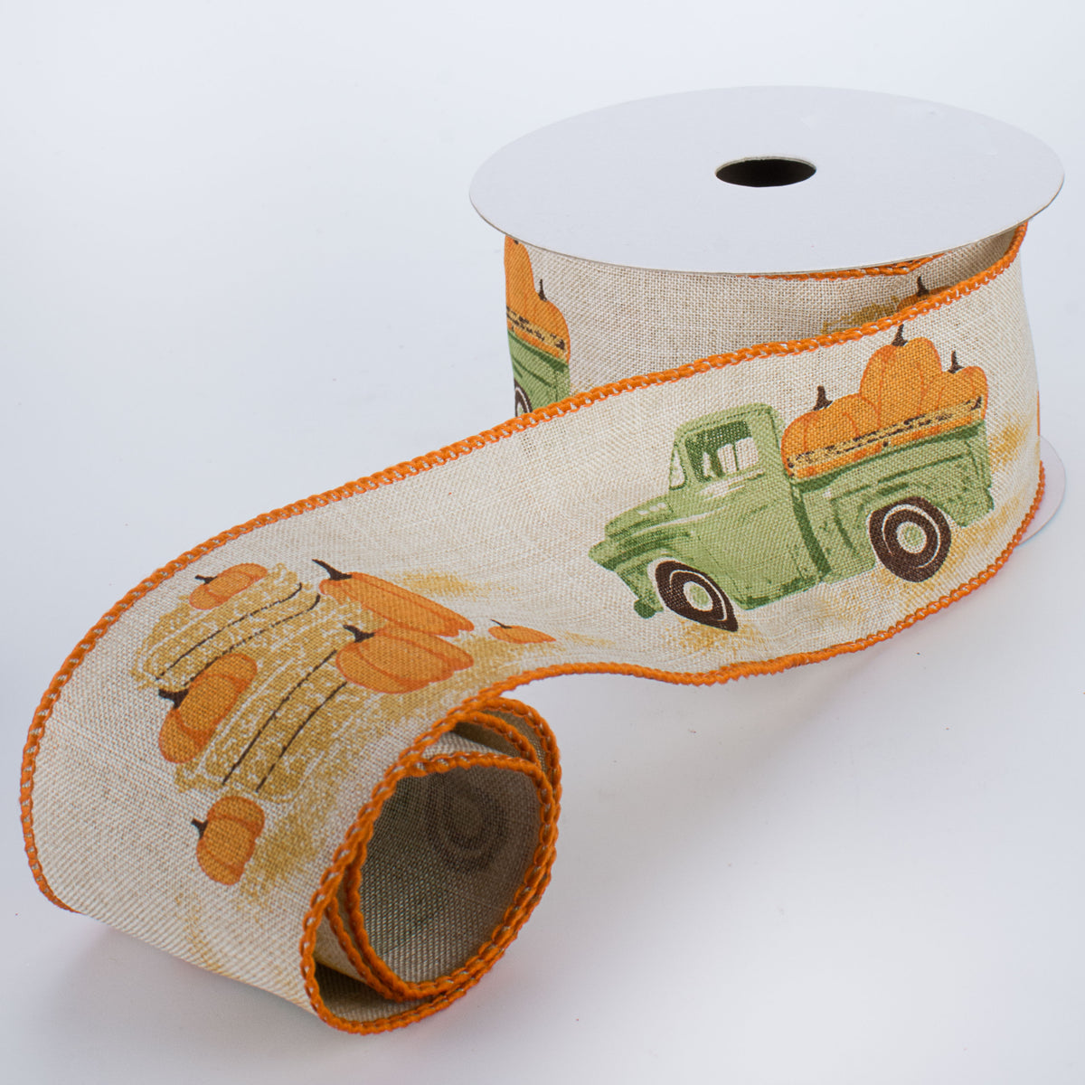2.5" Vintage Truck With Pumpkins Ribbon: Natural & Green (10 Yards) Lifestyle Photo