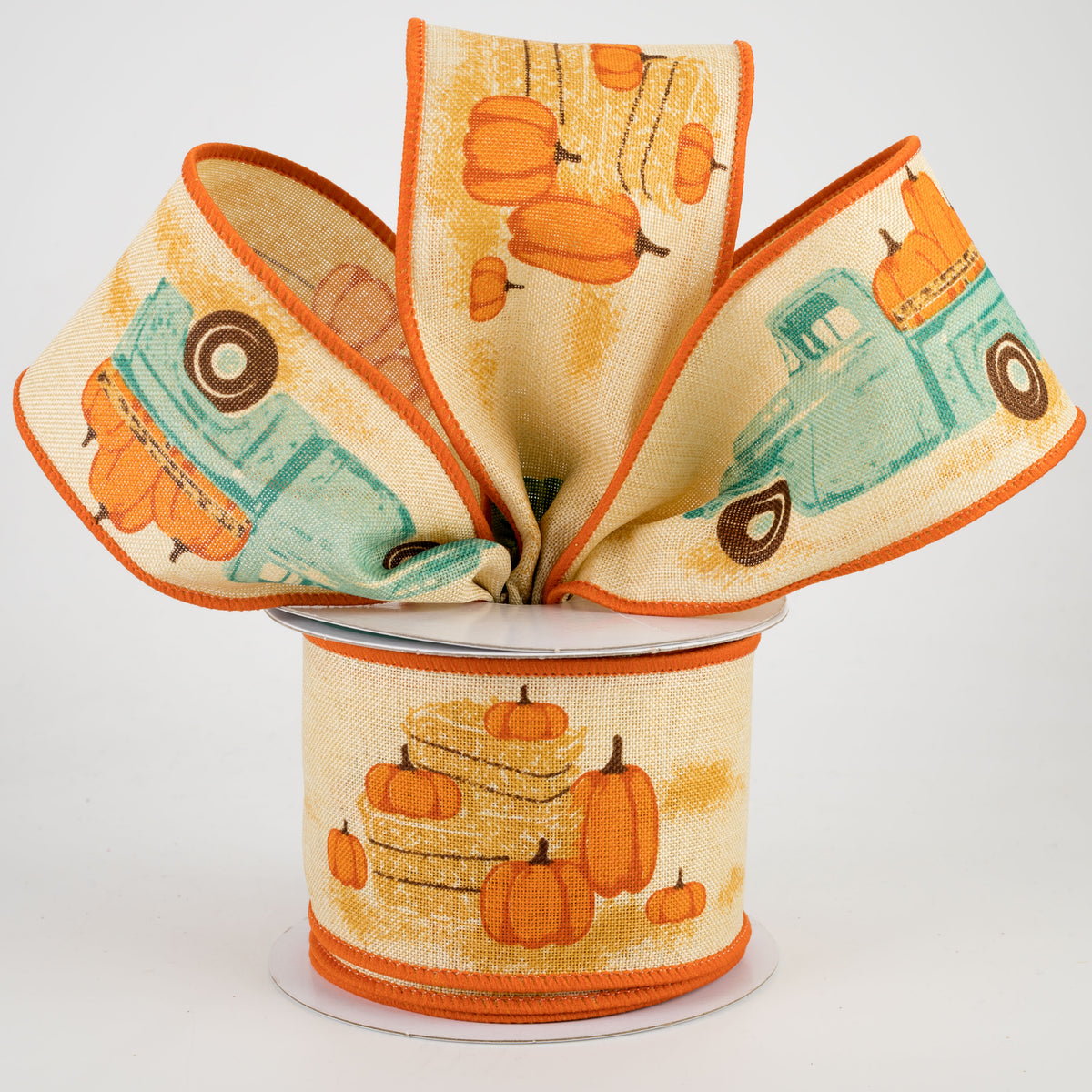 2.5" Vintage Truck With Pumpkins Ribbon: Tobacco & Teal (10 Yards) Lifestyle Photo
