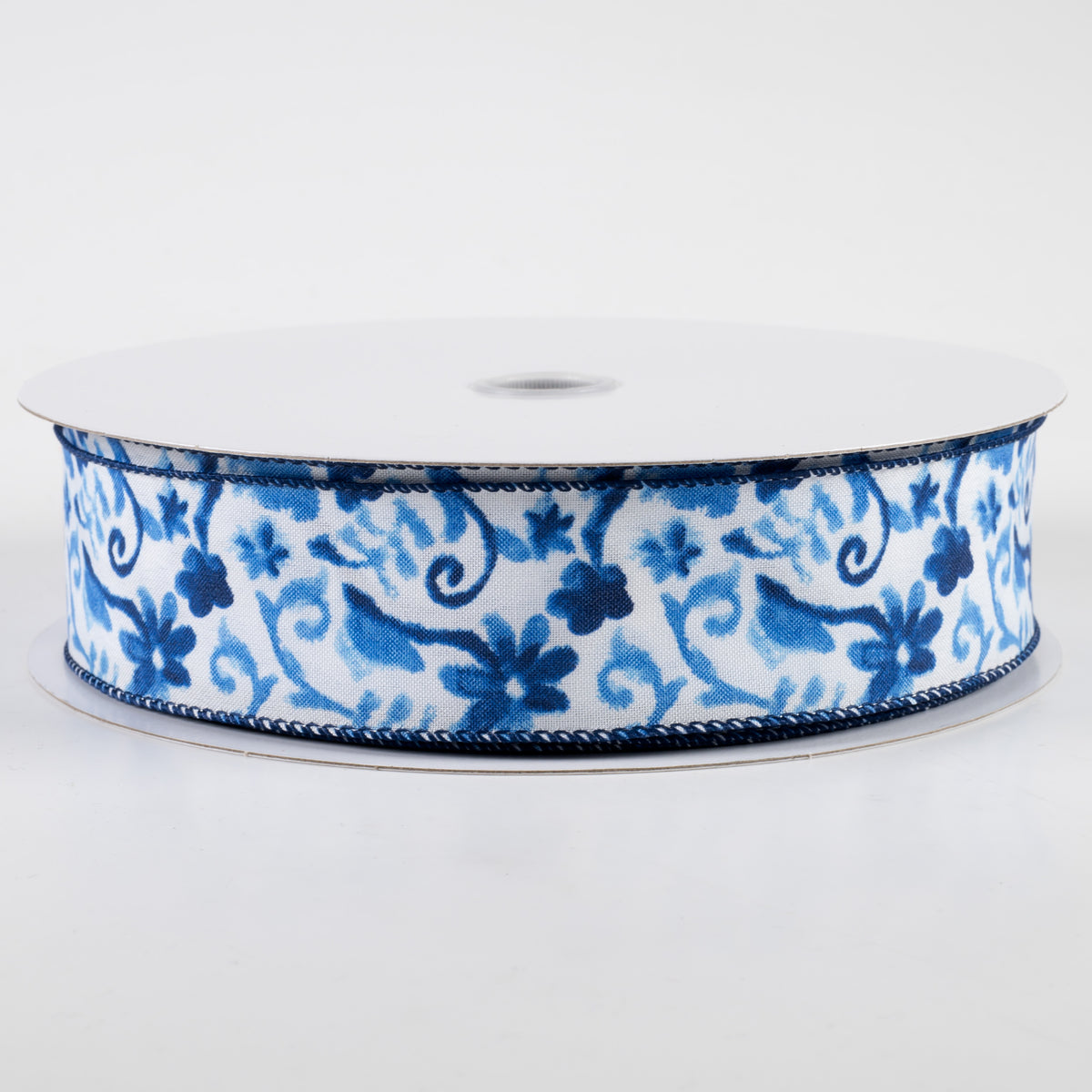 1.5" Watercolor Flower Branches Satin Ribbon: Blues (50 Yards)