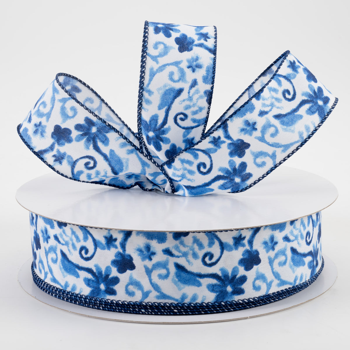 1.5" Watercolor Flower Branches Satin Ribbon: Blues (50 Yards) Lifestyle Photo
