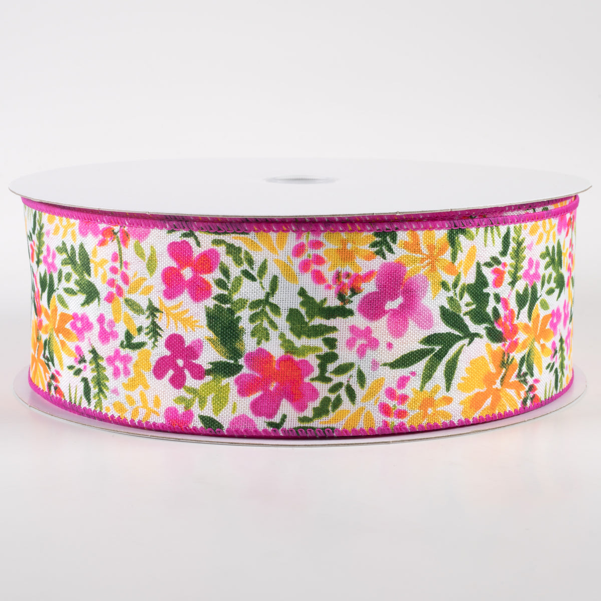 2.5" Watercolor Flowers on Linen Ribbon: Fuchsia & Yellow (50 Yards) Item Number: 841-40-332