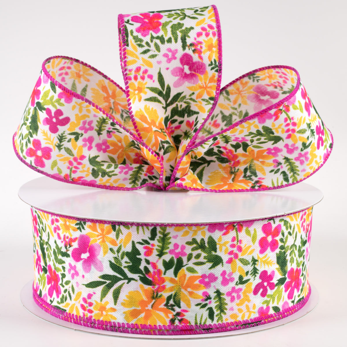 2.5" Watercolor Flowers on Linen Ribbon: Fuchsia & Yellow (50 Yards) Lifestyle Photo