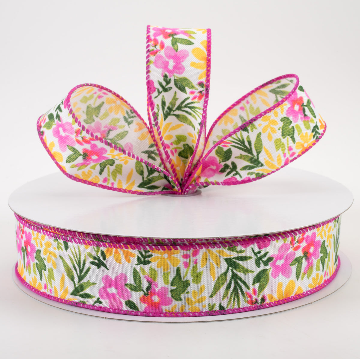 1.5" Watercolor Flowers on Linen Ribbon: Fuchsia & Yellow (50 Yards) Lifestyle Photo