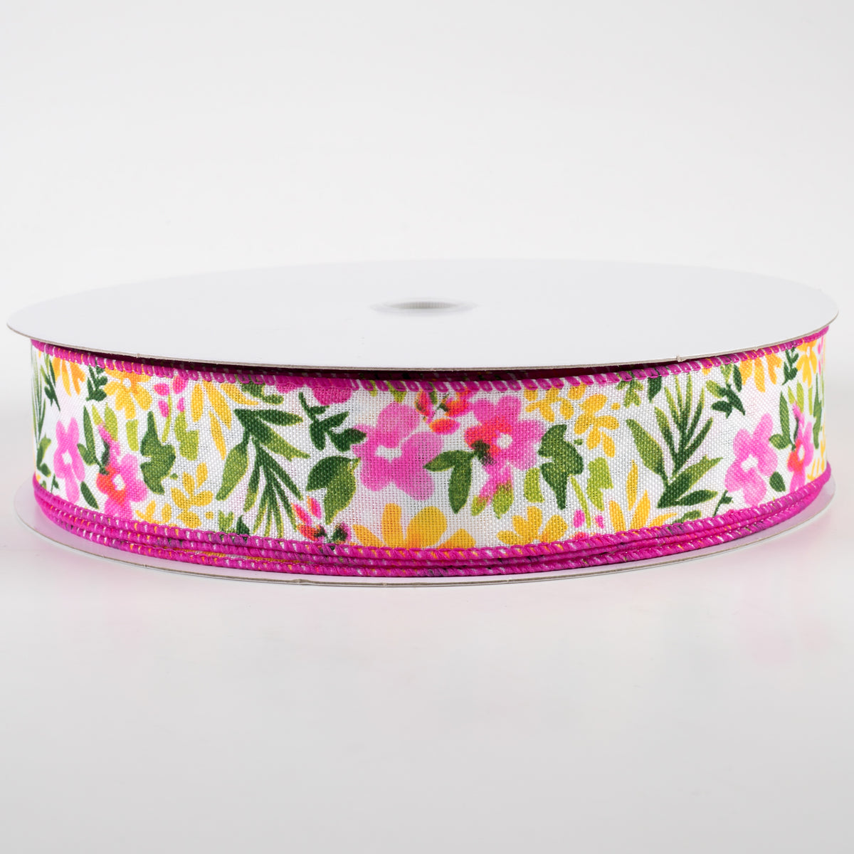 1.5" Watercolor Flowers on Linen Ribbon: Fuchsia & Yellow (50 Yards) Item Number: 841-09-332