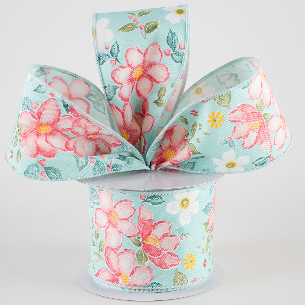 2.5" Watercolor Flowers Ribbon: Light Blue, Dark Rose, Coral (10 Yards) Lifestyle Photo