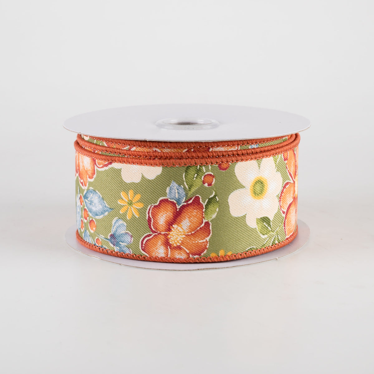1.5" Watercolor Flowers Ribbon: Sage, Wine, Orange, Moss (10 Yards)