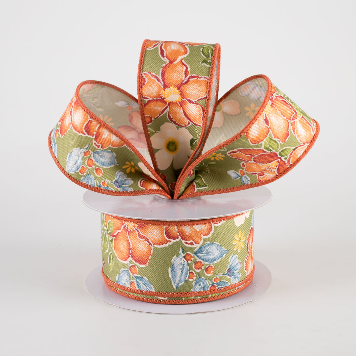 1.5" Watercolor Flowers Ribbon: Sage, Wine, Orange, Moss (10 Yards) Lifestyle Photo