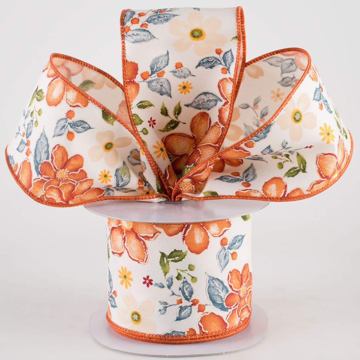 2.5" Watercolor Flowers Ribbon: Wine, Orange, Moss, Blue (10 Yards) Lifestyle Photo