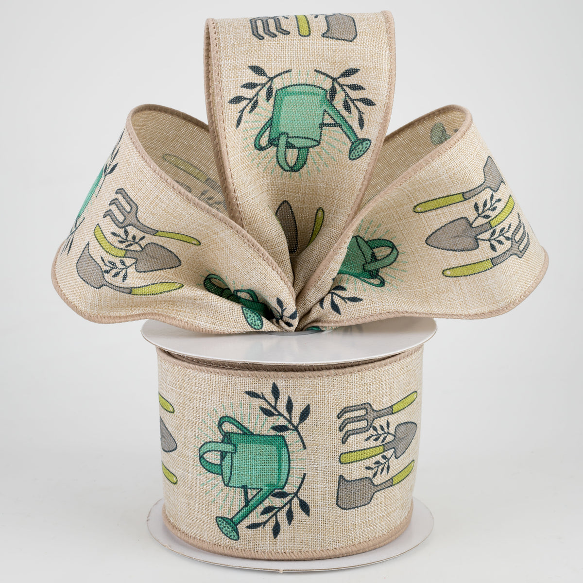 2.5" Watering Can & Garden Tools Ribbon: Blue & Fresh Green (10 Yards) Lifestyle Photo