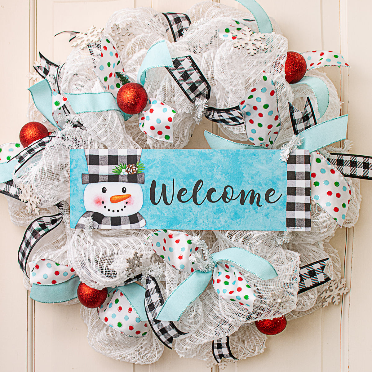 Waterproof Gingham Snowman Welcome Sign (5" x 15") Lifestyle Photo