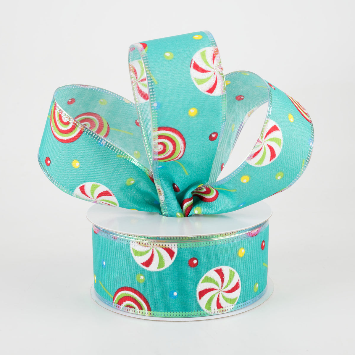 1.5" Whimsy Candy Iridescent Edge Ribbon: Teal (10 Yards) Lifestyle Photo