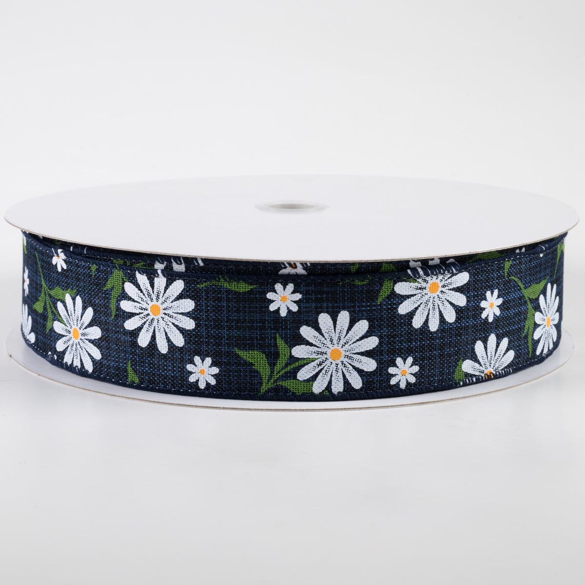 1.5" White Daisy Linen Ribbon: Navy (50 Yards)