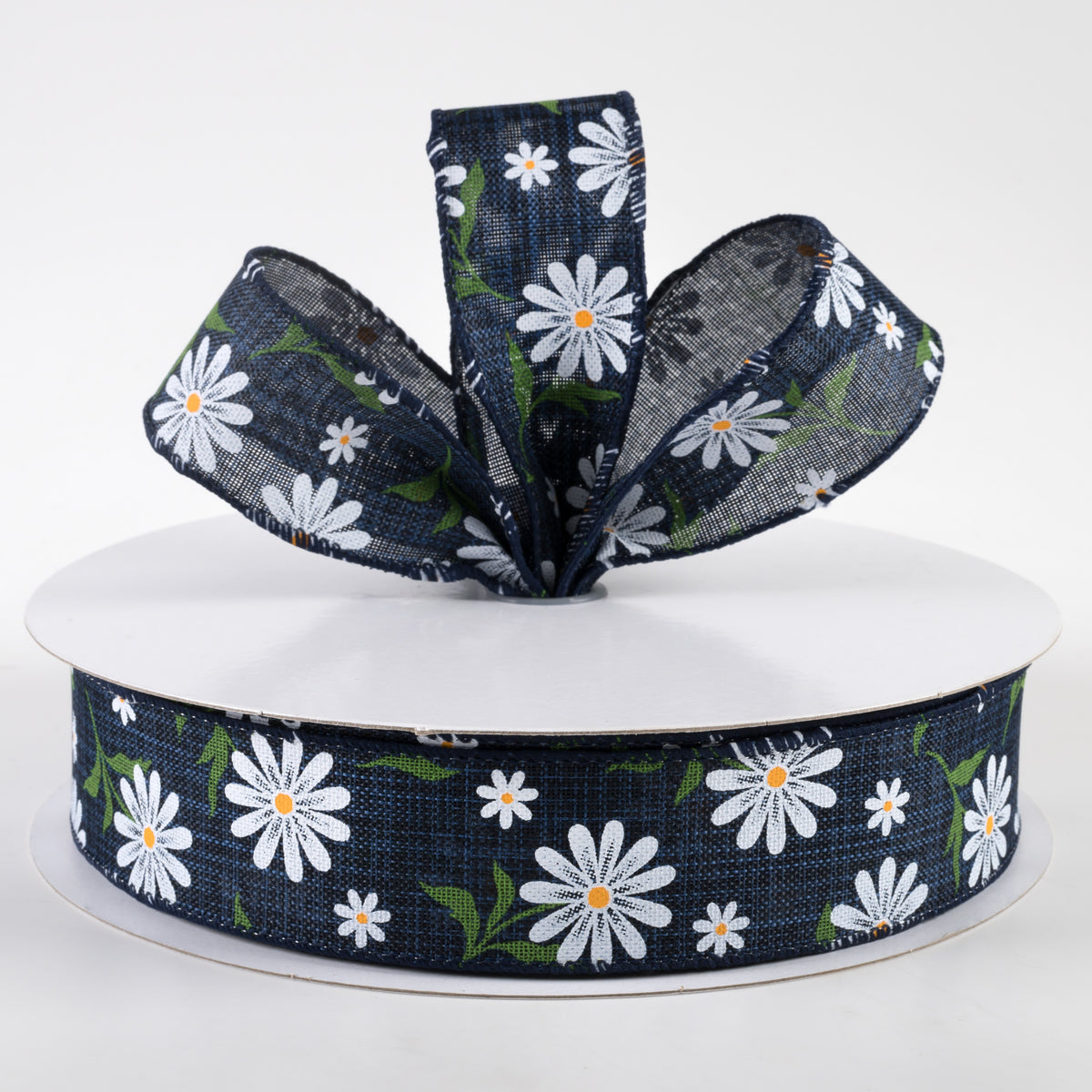 1.5" White Daisy Linen Ribbon: Navy (50 Yards) Lifestyle Photo