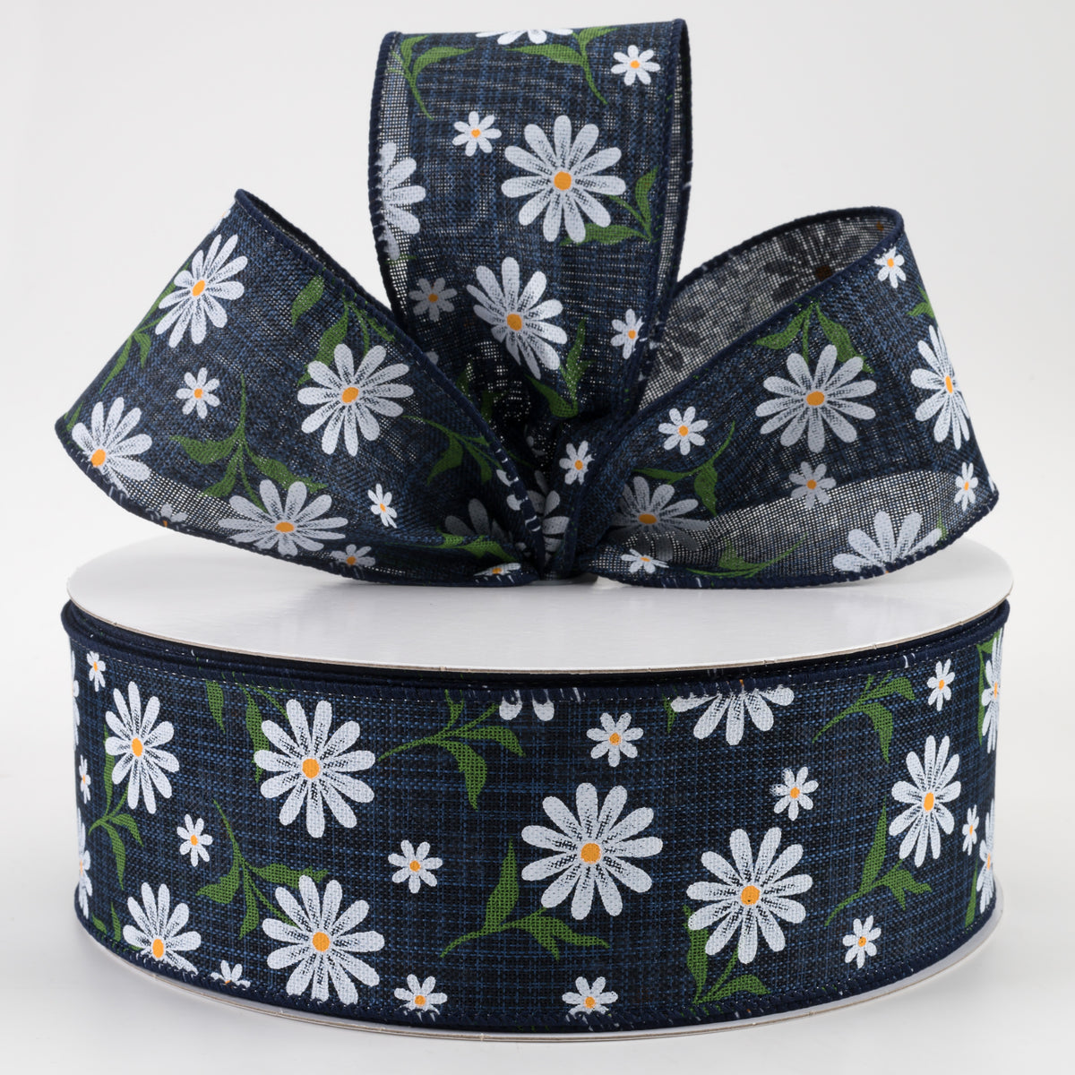 2.5" White Daisy Linen Ribbon: Navy (50 Yards) Lifestyle Photo