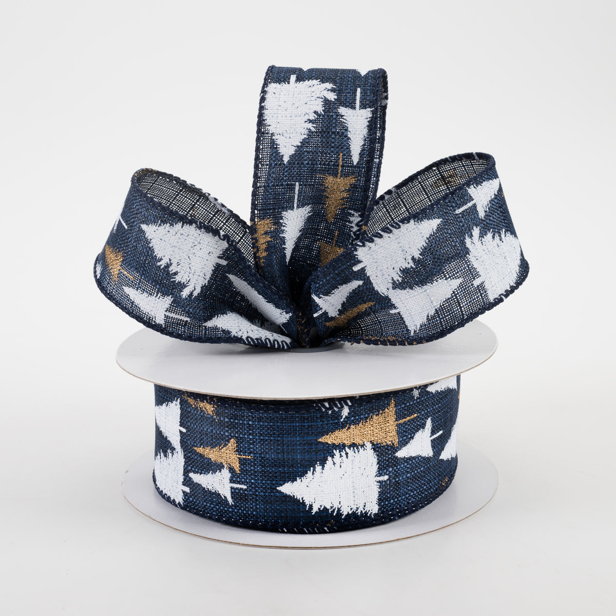1.5" White & Gold Glittered Tree Linen Ribbon: Navy (10 Yards) Lifestyle Photo
