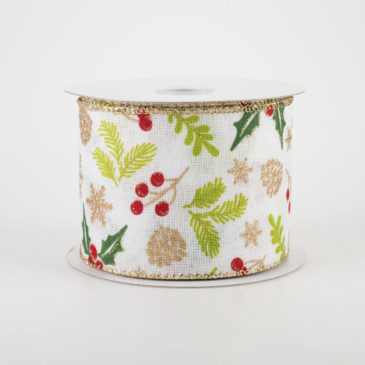 2.5" White Linen Berries Ribbon: Red, Gold, Green (10 Yards) Item Number: 71174-40-01