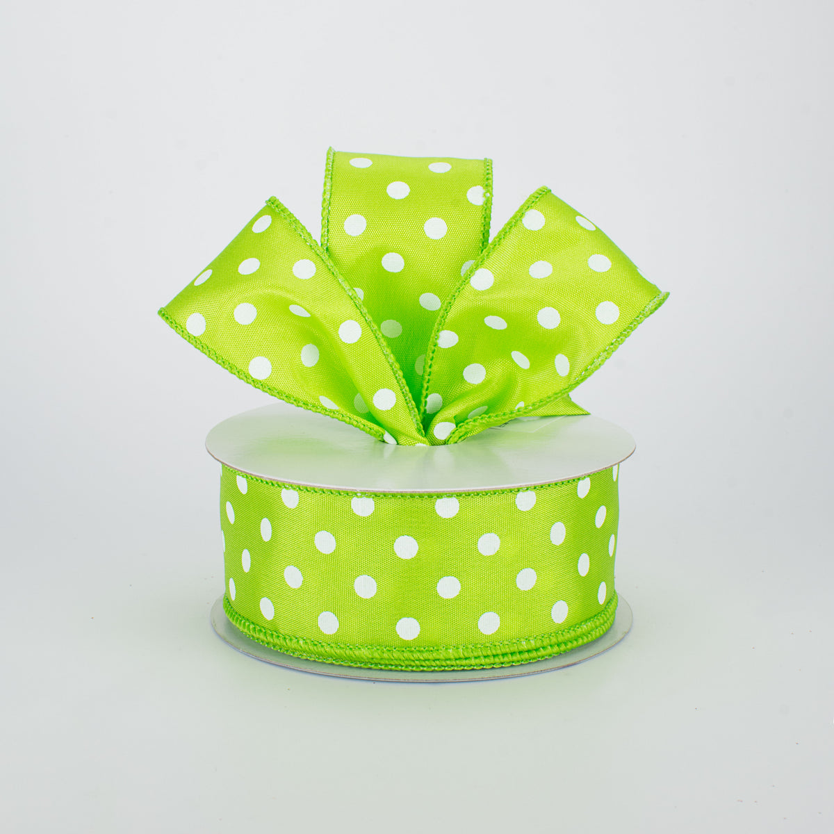 1.5" White Polka Dot Ribbon: Lime Green (10 Yards) Lifestyle Photo