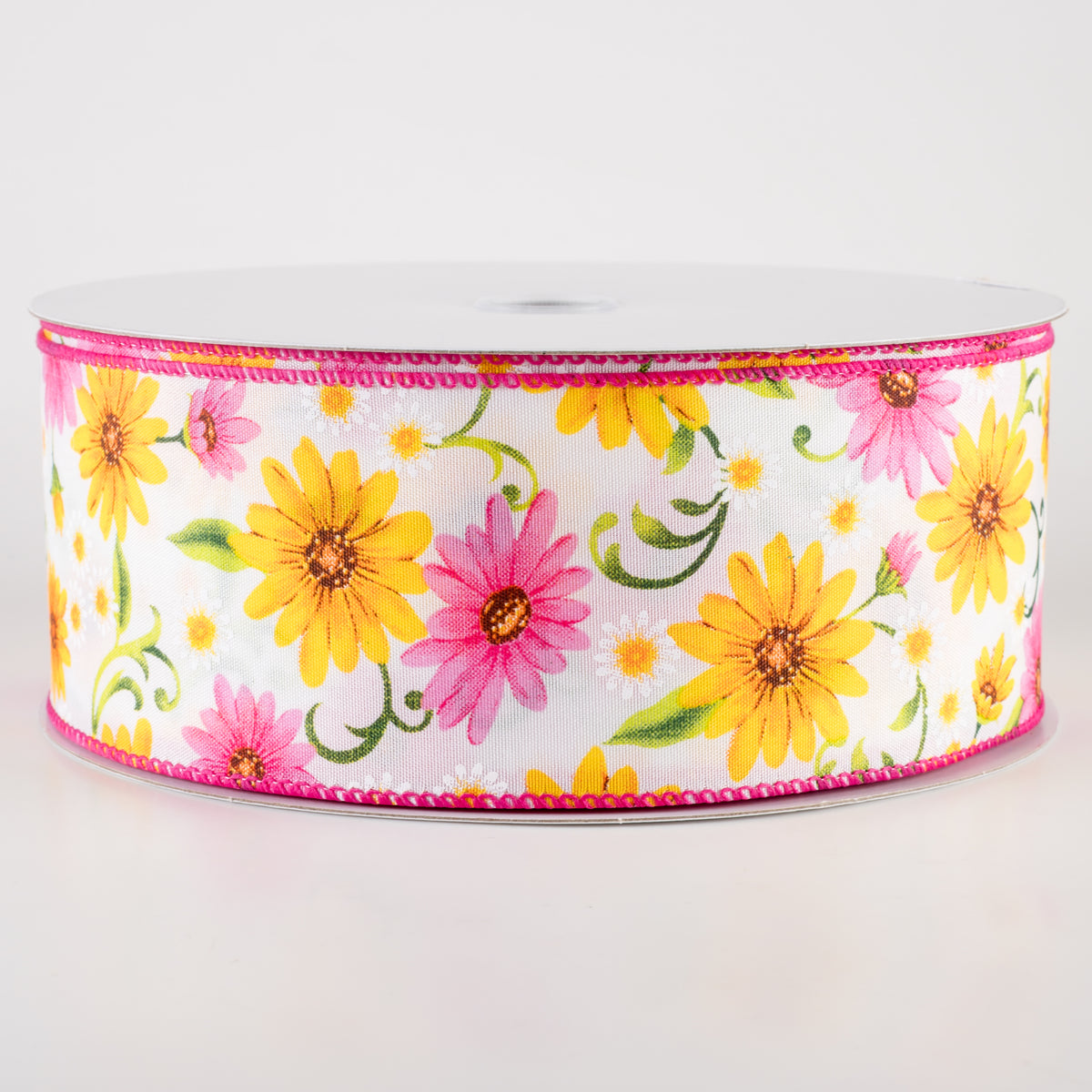 2.5" White Satin Daisies Ribbon: Pink & Yellow (50 Yards) Item Number: 841-40-431