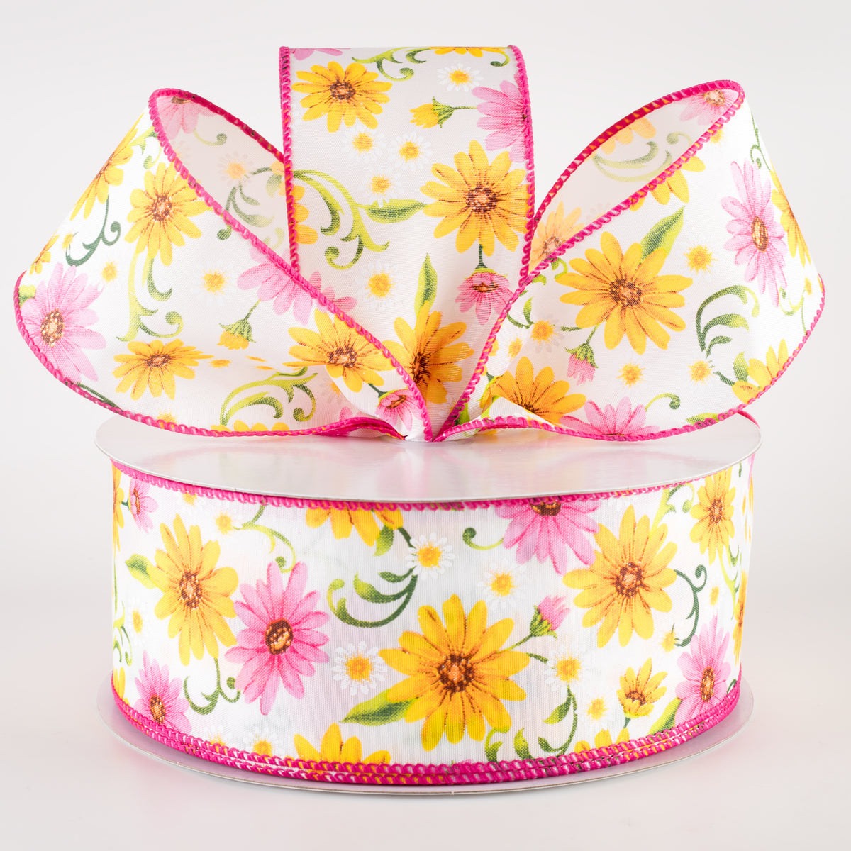 2.5" White Satin Daisies Ribbon: Pink & Yellow (50 Yards) Lifestyle Photo