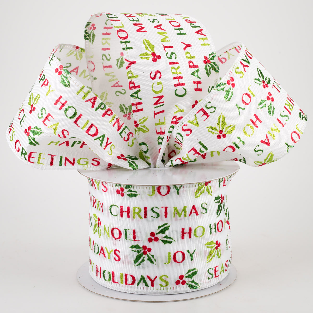 2.5" White Satin Seasons Greetings Ribbon (10 Yards) Lifestyle Photo