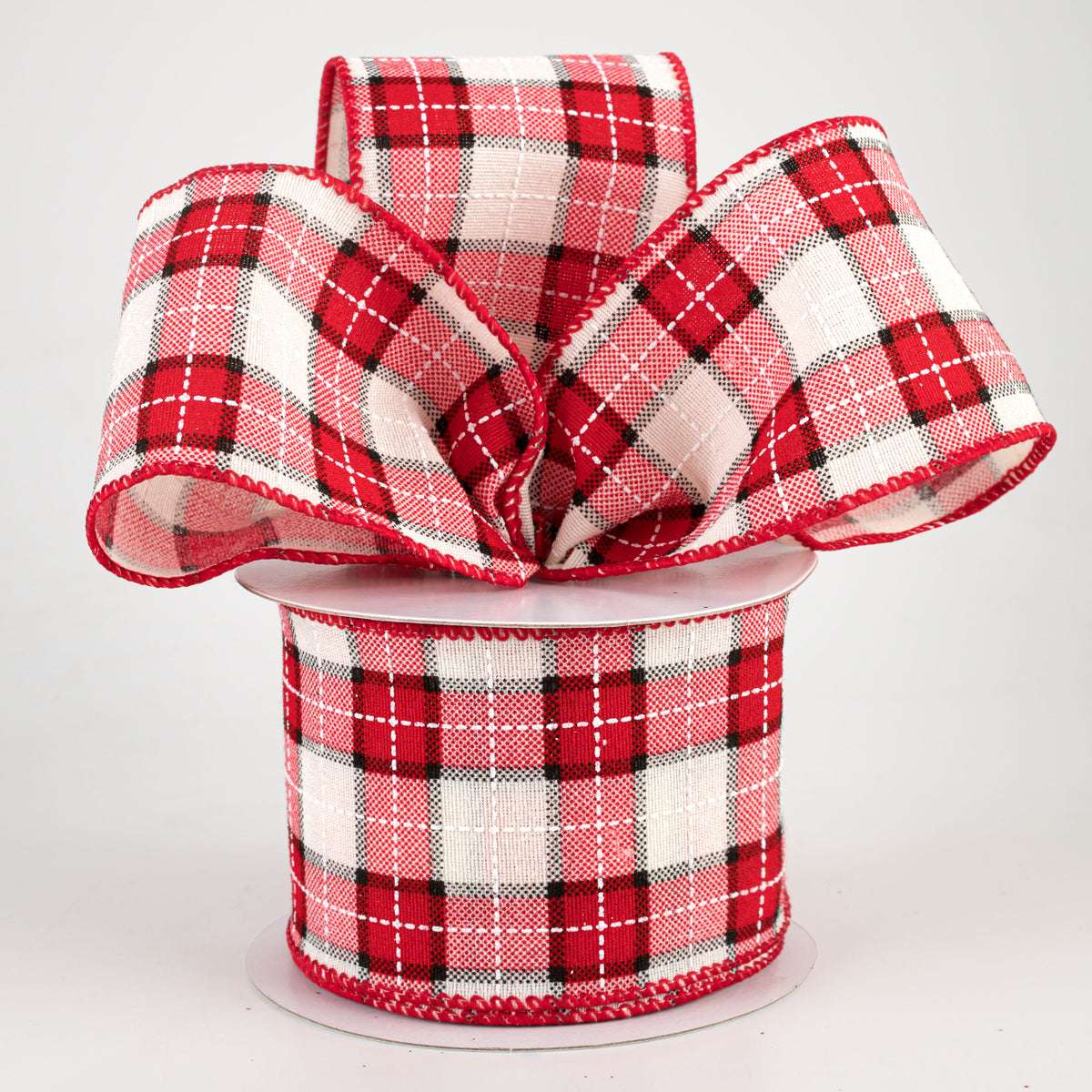 2.5" Windowpane Plaid Ribbon: Red, Ivory, Black (10 Yards) Lifestyle Photo