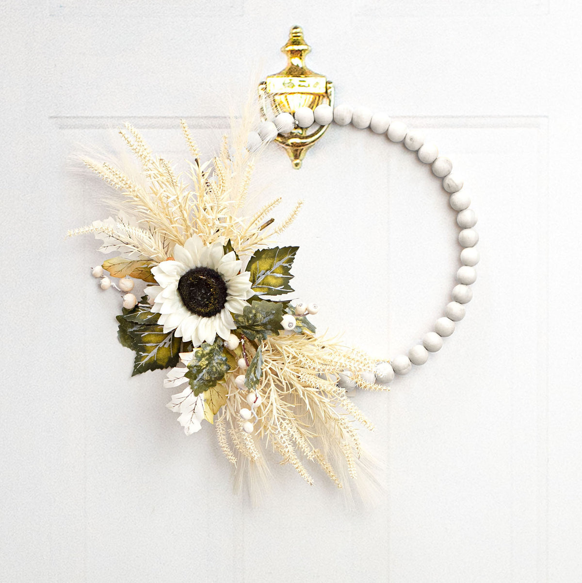 13" Wood Bead Wreath: Whitewash Lifestyle Photo