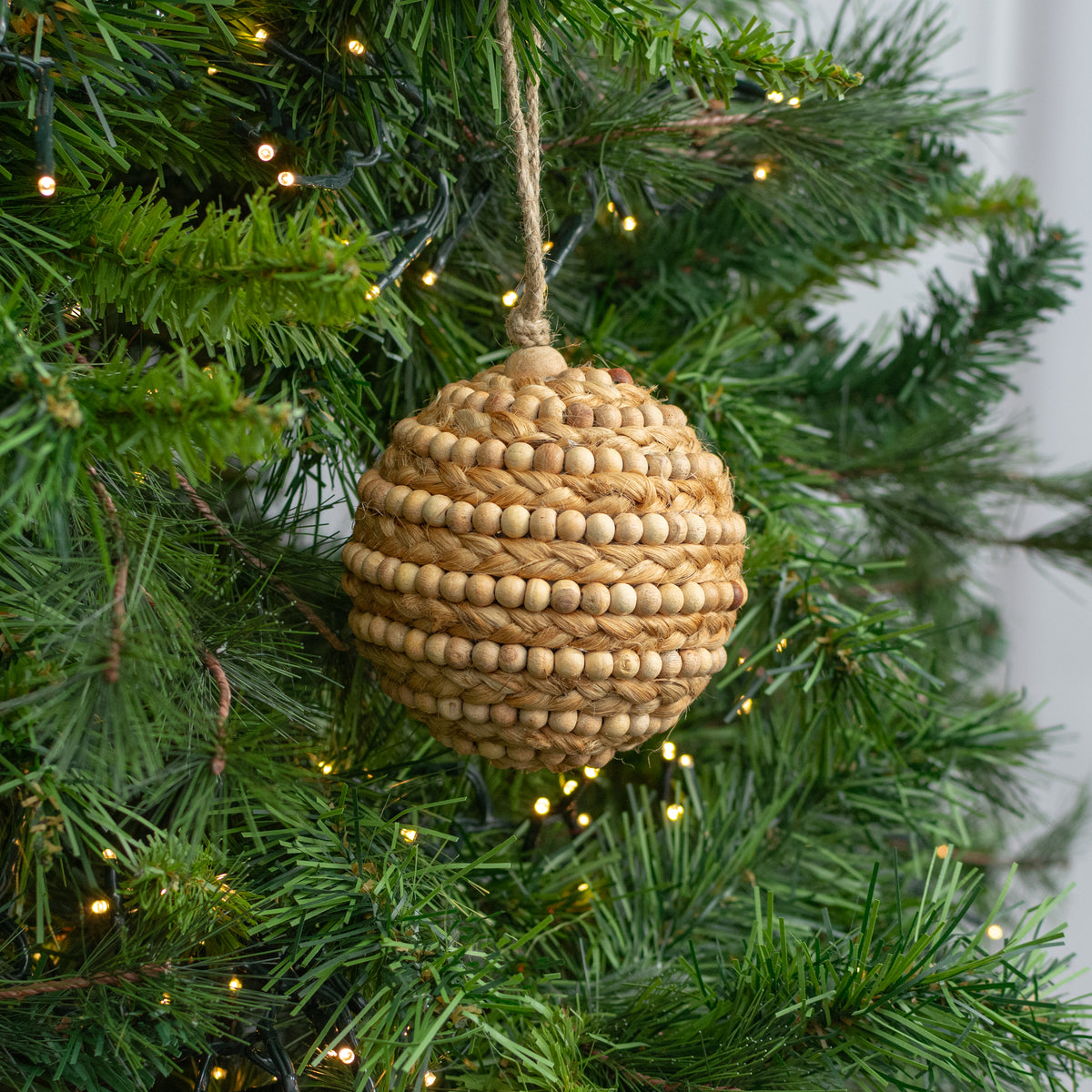 4" Wooden Bead & Jute Rope Ball Ornament Lifestyle Photo