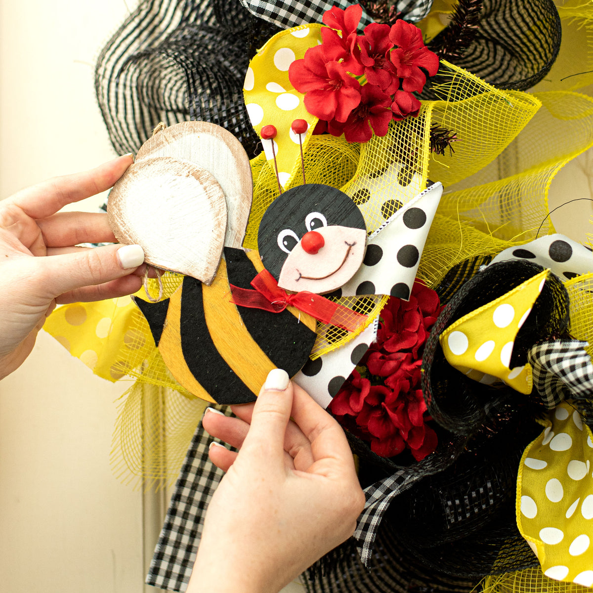 6" Wooden Bee Ornament Lifestyle Photo