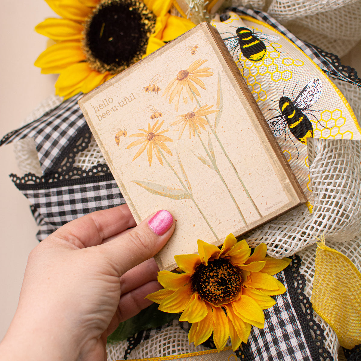 5" Wooden Block Sign: Hello Bee-u-tiful Lifestyle Photo