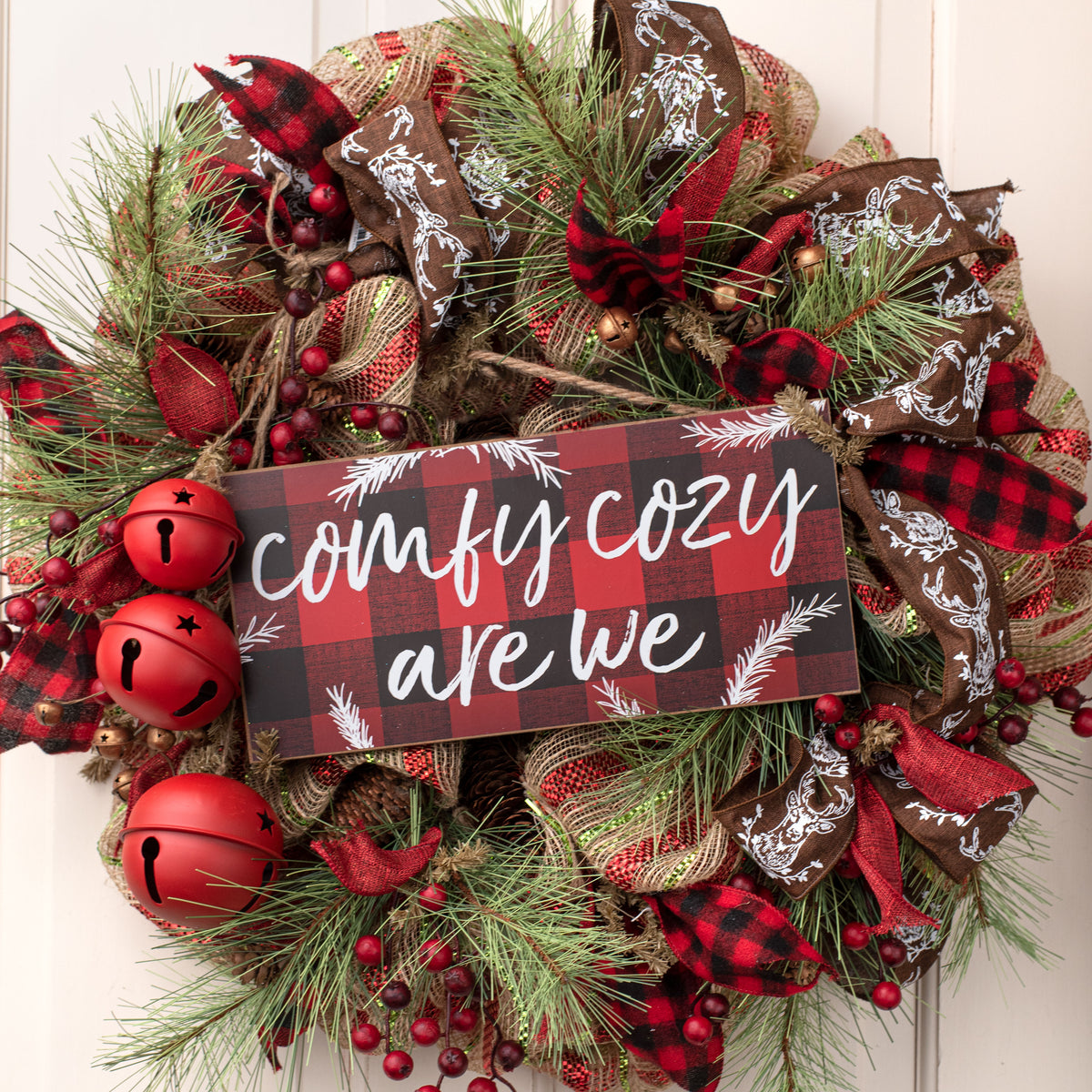 12" Wooden Sign: Comfy Cozy Buffalo Plaid Lifestyle Photo