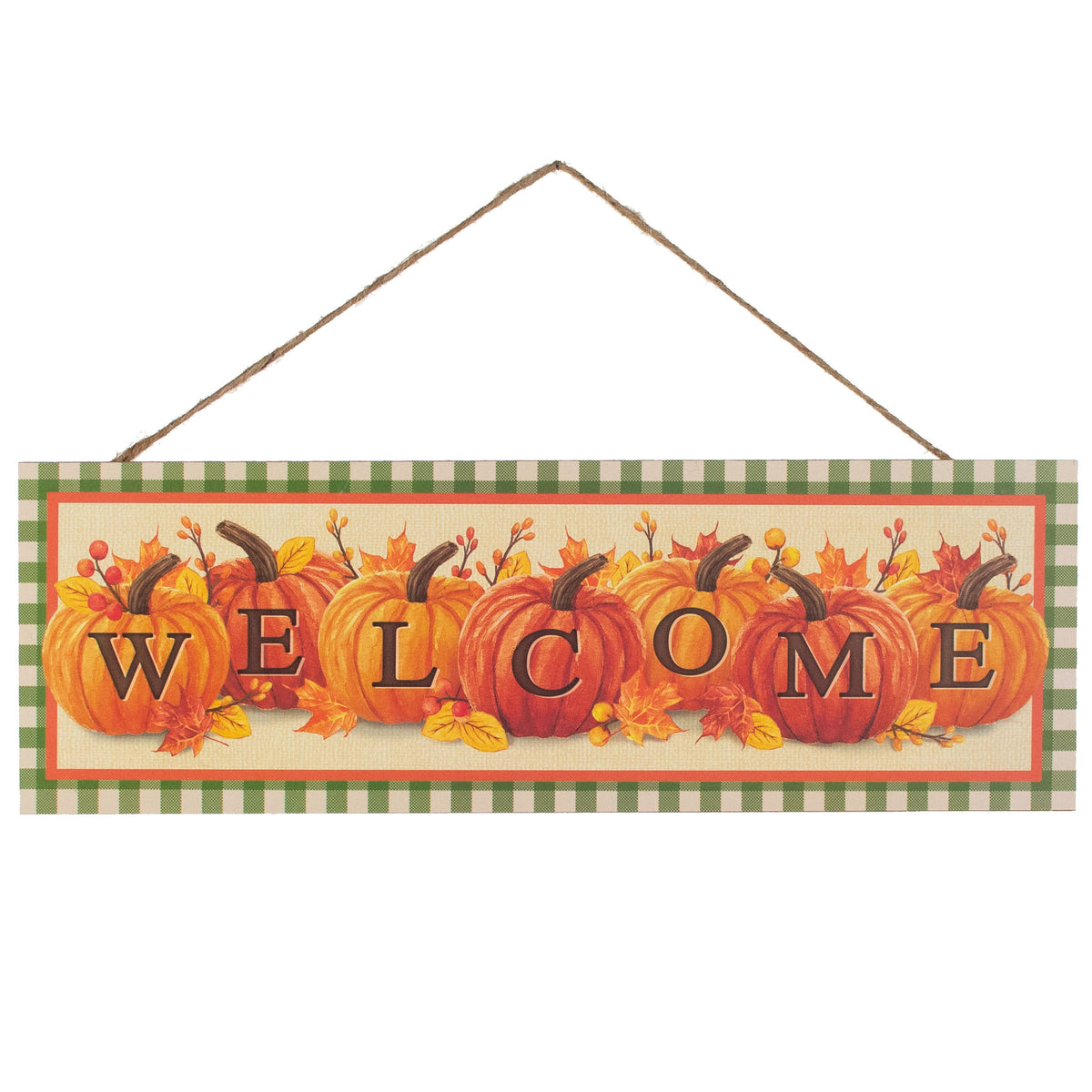 15" Wooden Sign: Welcome Pumpkins Moss Green Check Item Number: AP7231