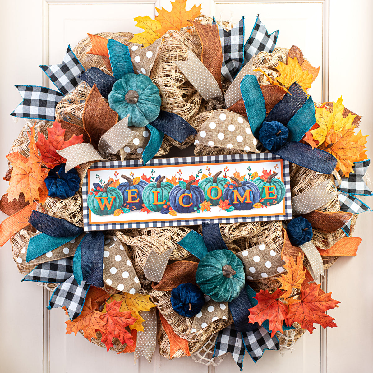 15" Wooden Sign: Welcome Pumpkins Smoke Blue & Teal Lifestyle Photo