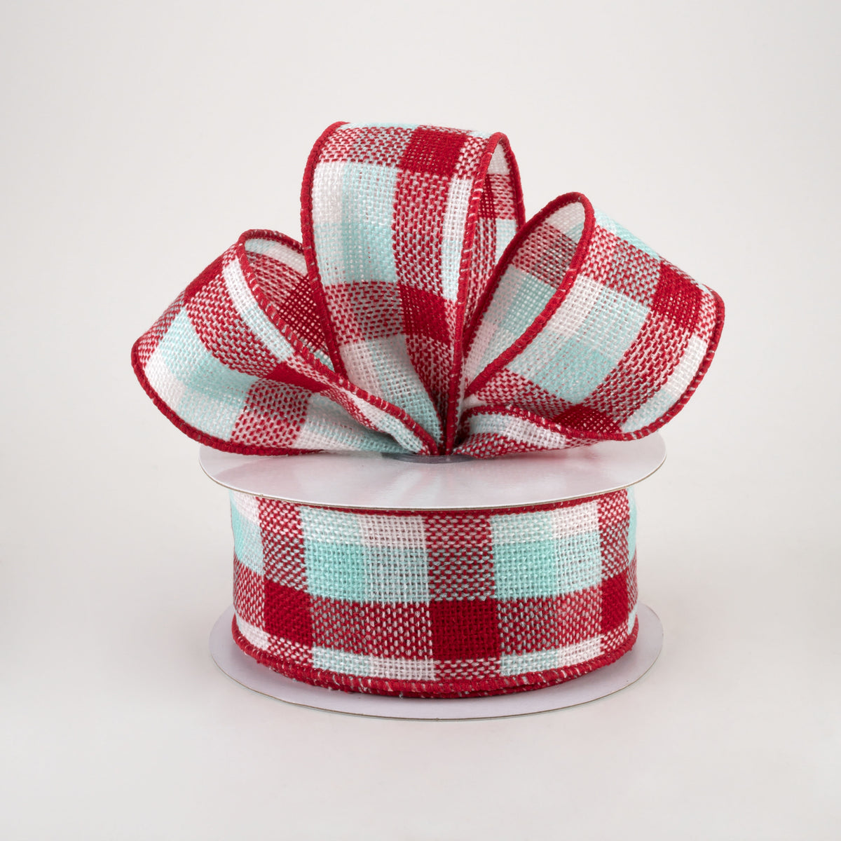 1.5" Woven Flannel Check Ribbon: Red, White, Ice Blue (10 Yards) Lifestyle Photo