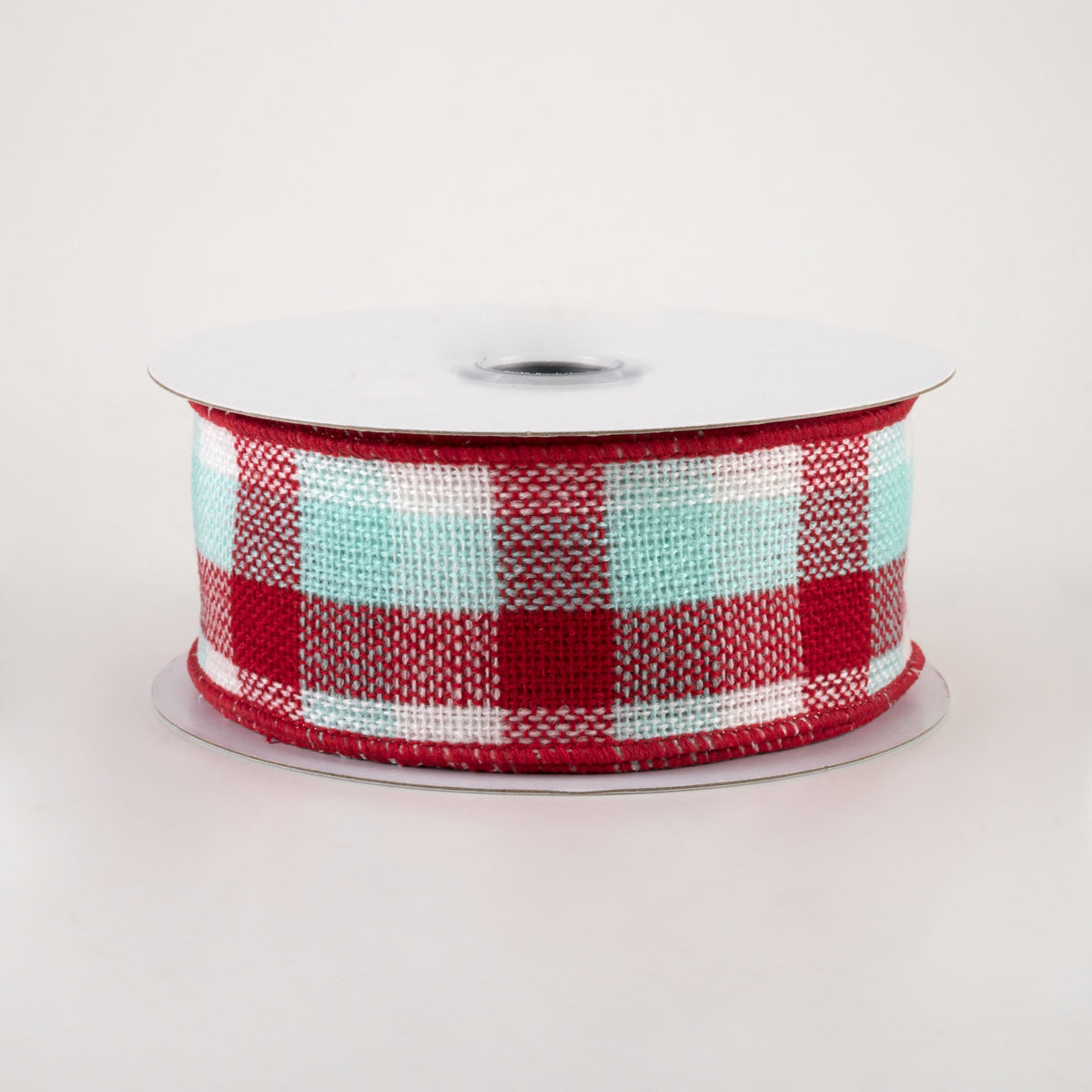 1.5" Woven Flannel Check Ribbon: Red, White, Ice Blue (10 Yards)