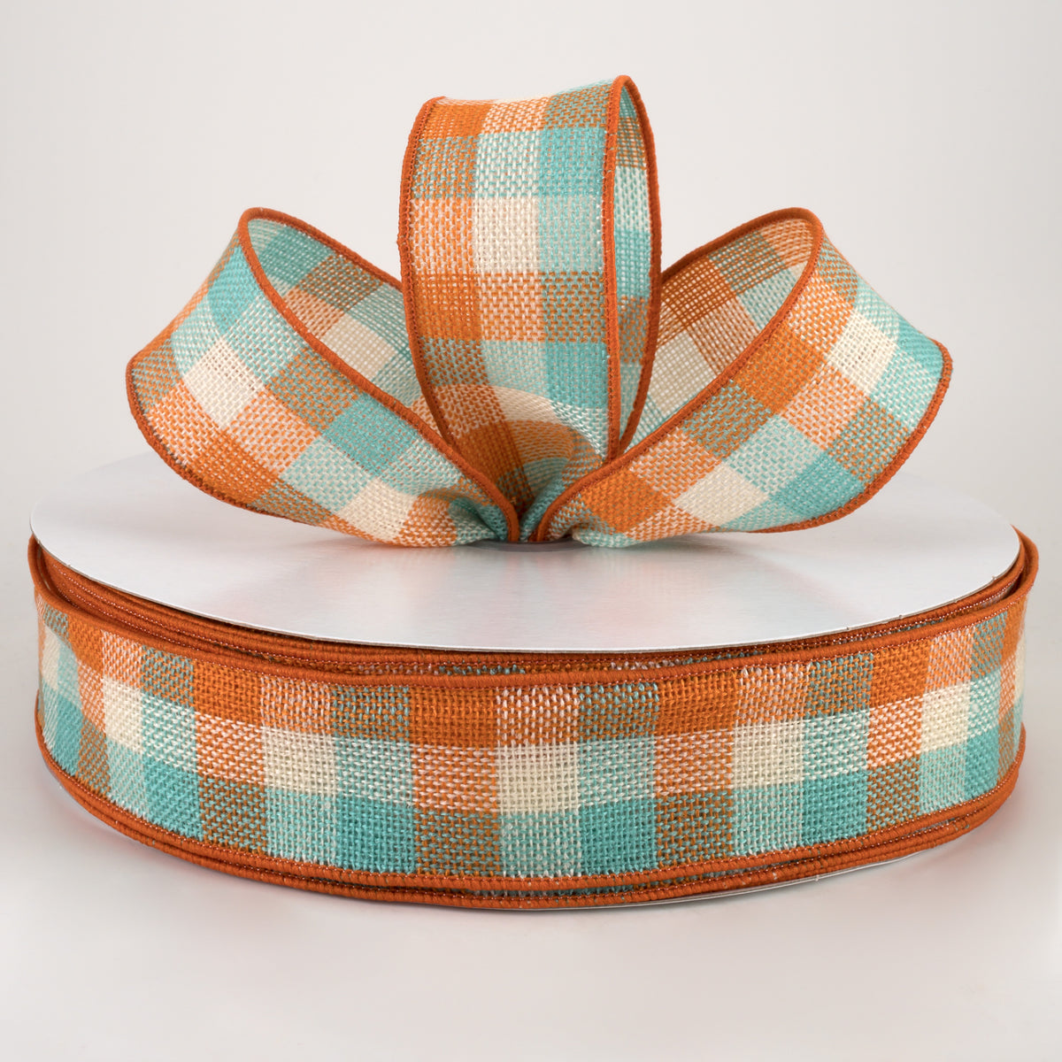 1.5" Woven Flannel Check Ribbon: Teal, Orange, Cream (50 Yards) Lifestyle Photo