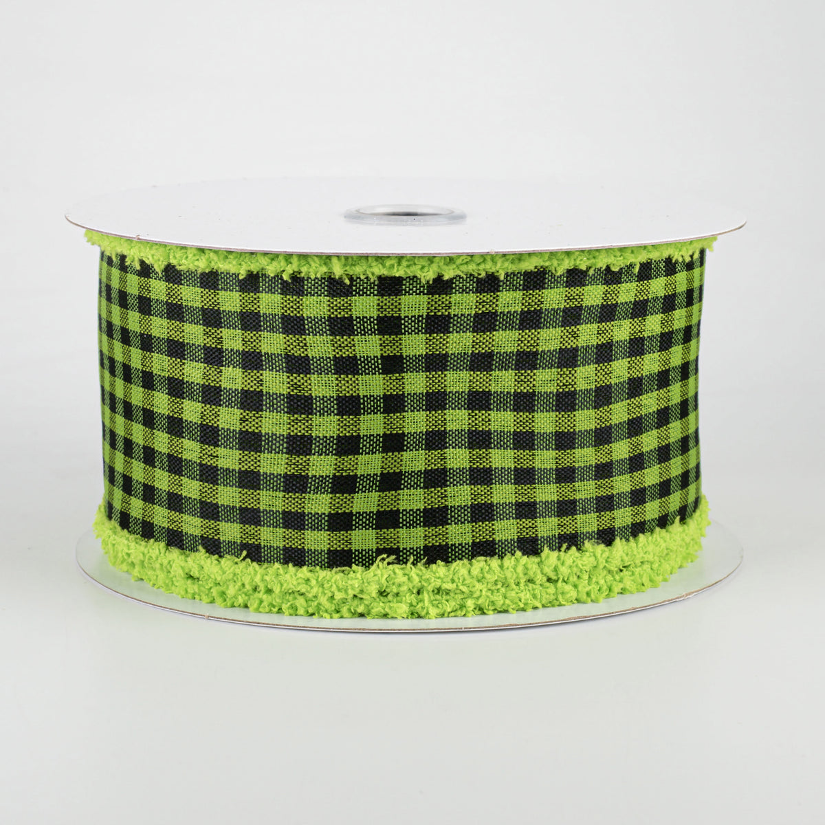2.5" Woven Gingham Check Chenille Edge Ribbon: Black & Lime Green (10 Yards)