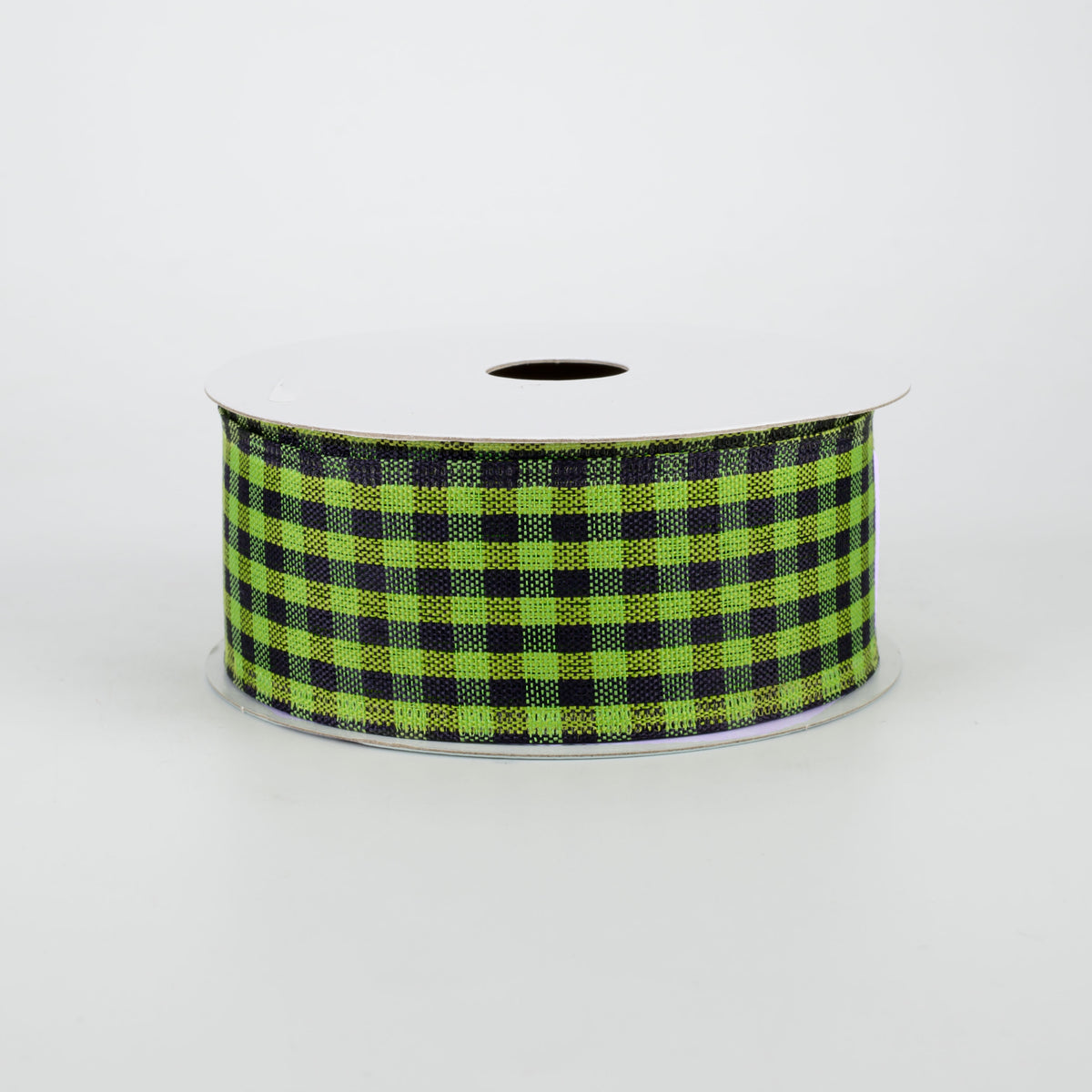 1.5" Woven Gingham Check Ribbon: Black & Lime Green (10 Yards)