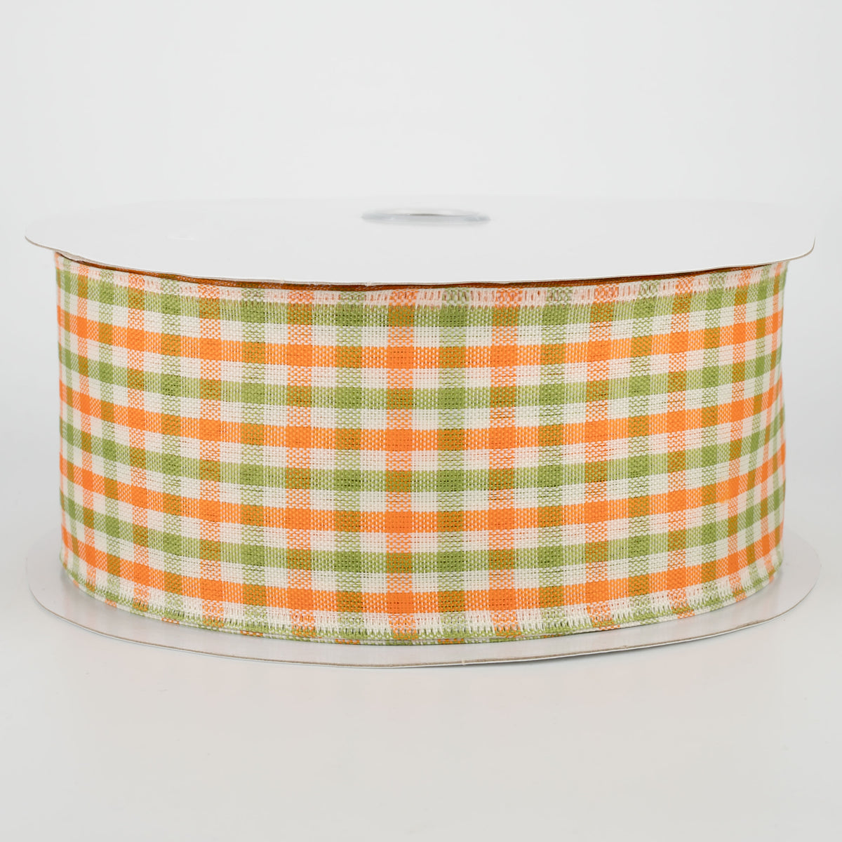 2.5" Woven Gingham Check Ribbon: Orange, Moss, Ivory (50 Yards)