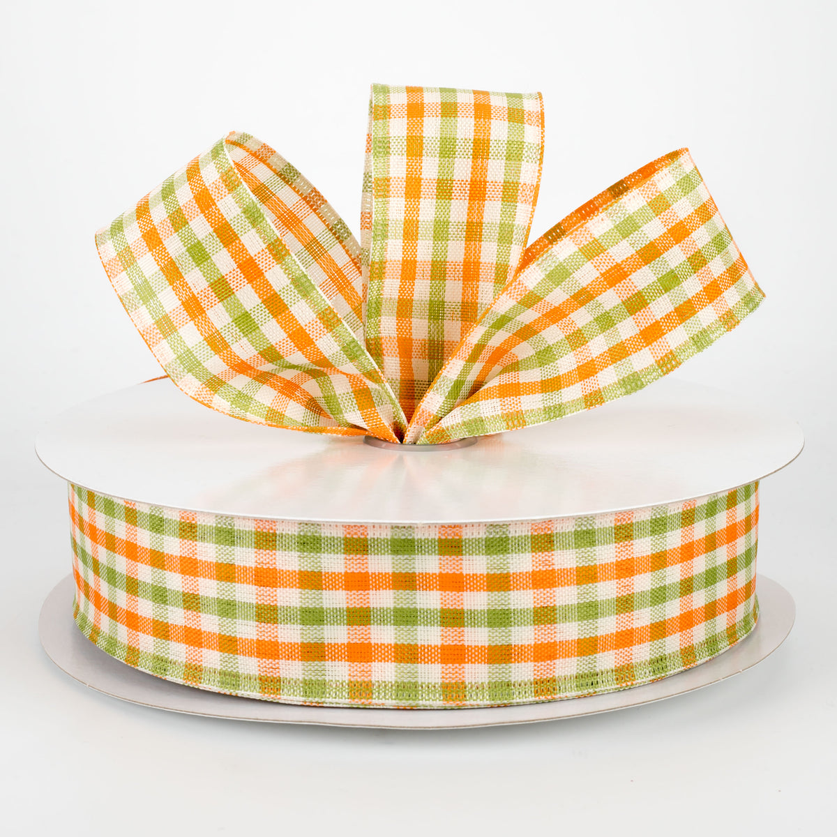 1.5" Woven Gingham Check Ribbon: Orange, Moss, Ivory (50 Yards) Lifestyle Photo