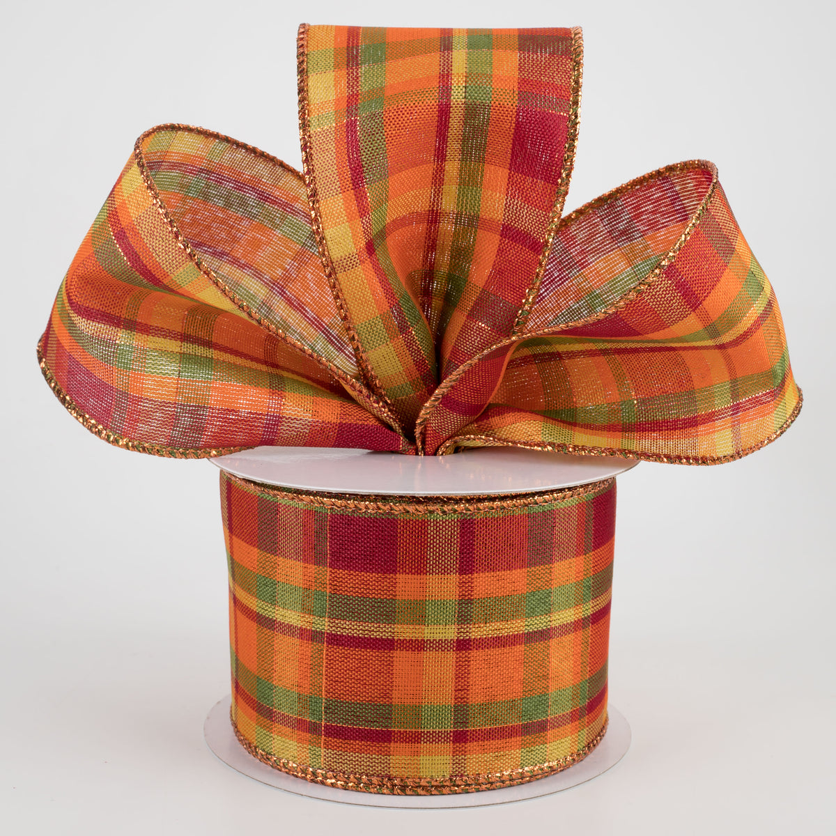 2.5" Woven Plaid With Metallic Thread Ribbon: Burgundy, Orange, Mustard, Green, Copper (10 Yards) Lifestyle Photo