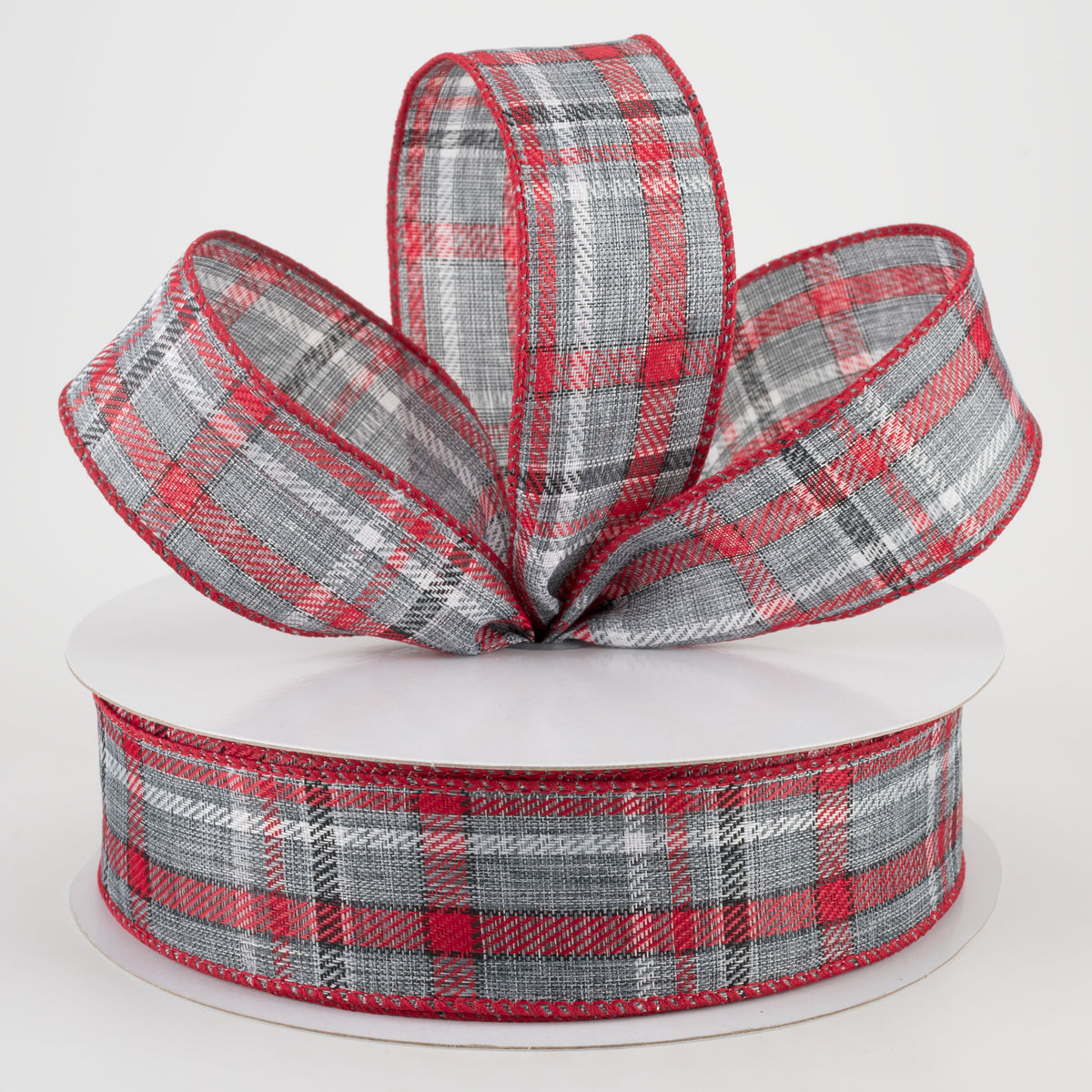 1.5" Woven Plaid Ribbon: Grey, White, Red, Black (50 Yards) Lifestyle Photo