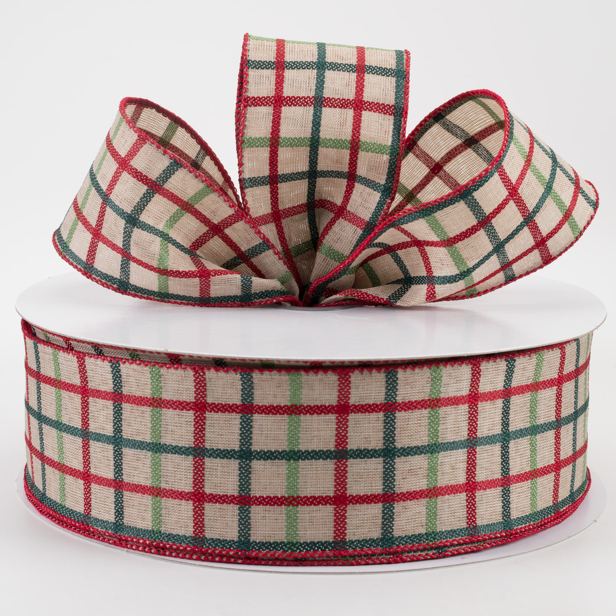 2.5" Woven Trellis Ribbon: Red, Apple & Hunter Green on Natural (50 Yards) Lifestyle Photo