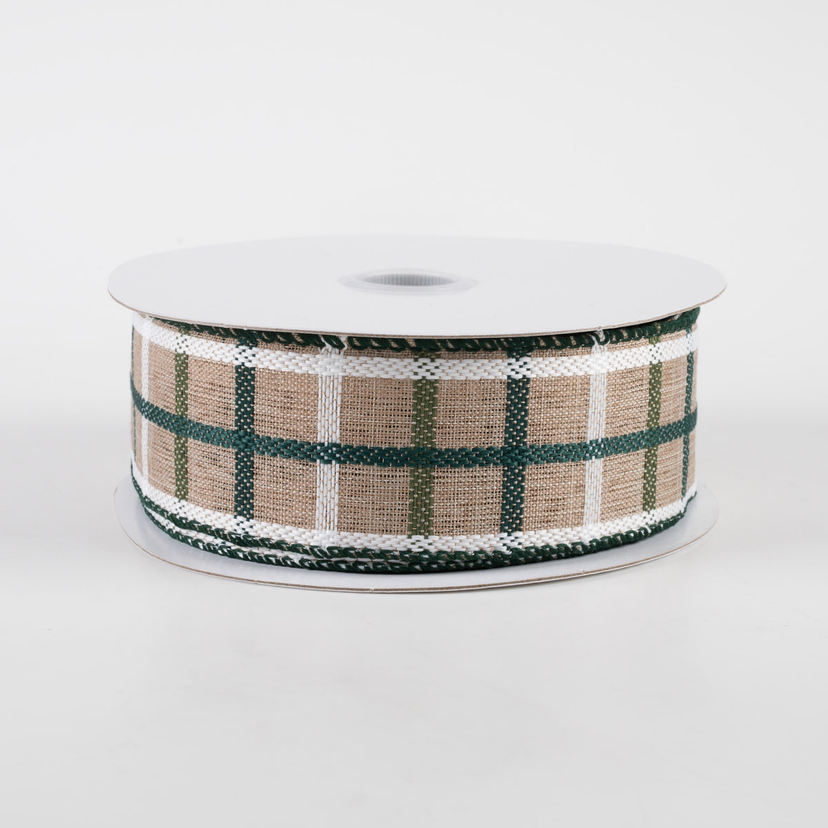 1.5" Woven Trellis Ribbon: White, Moss & Hunter Green on Natural (10 Yards)