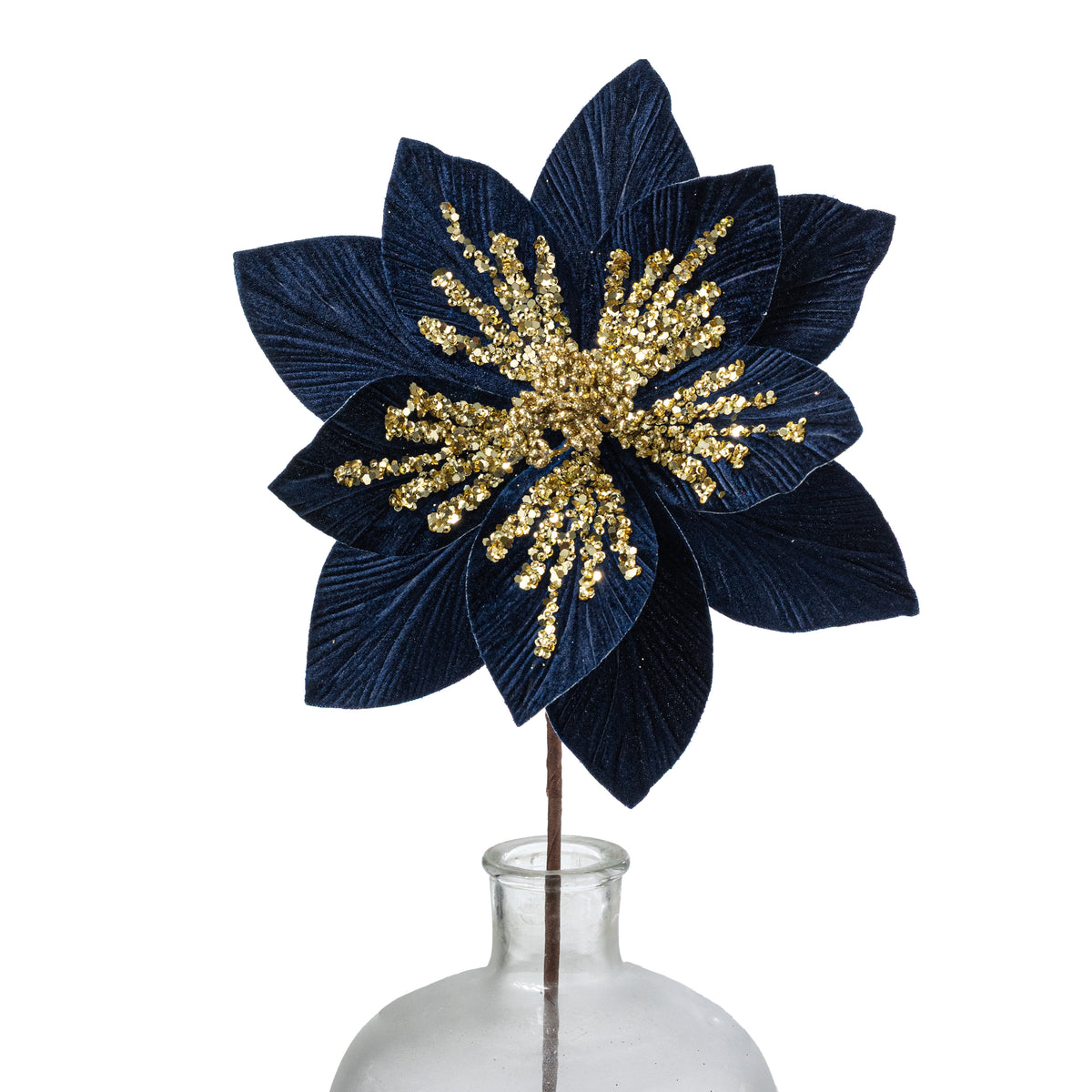 11" x 22" Sequined Velvet Poinsettia Stem: Navy & Gold
