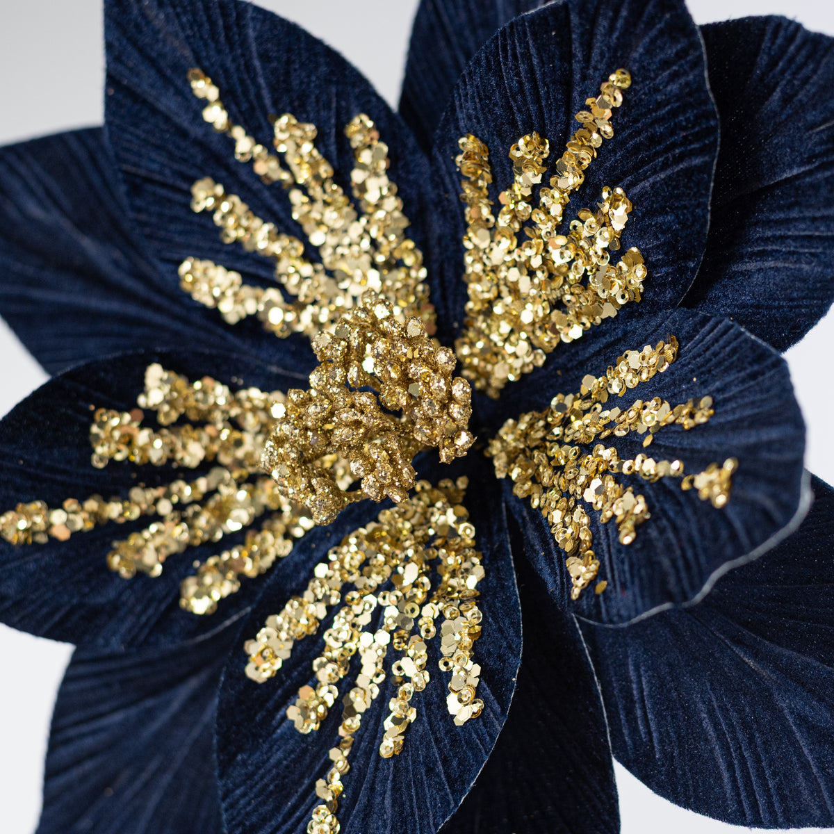11" x 22" Sequined Velvet Poinsettia Stem: Navy & Gold