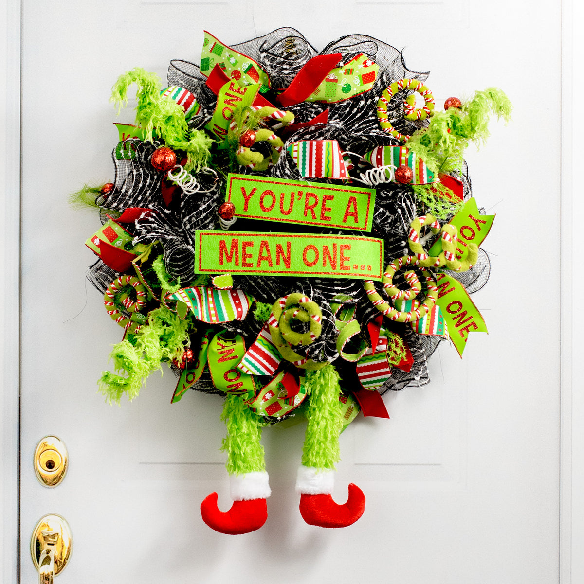 You're A Mean One Sign & Furry Legs Wreath Accent Lifestyle Photo